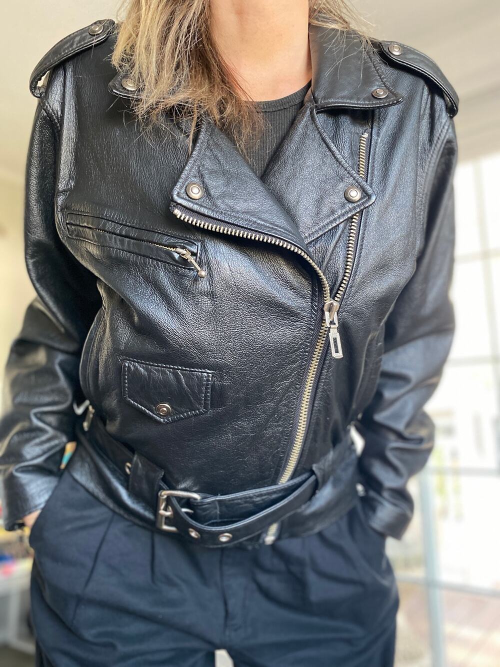 VINTAGE LEATHER CLASSIC BIKER JACKET Highest Quality Calfskin L
